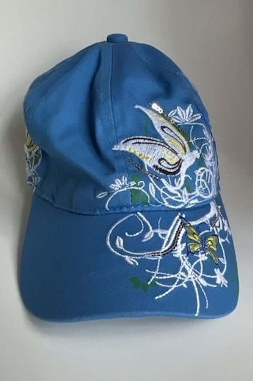 Womens Blue Floral and Butterfly Embroidered Baseball Cap with Adjustable Strap